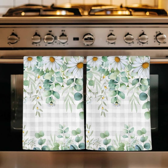 Eucalyptus Leaves Kitchen Towels Set of 2, Spring Daily Flowers Plants Gray Plaid Absorbent Dish Towels for Kitchen, Microfiber Hand Towel, Quick Drying Tea Towel for Cleaning Decorative Dishcloths