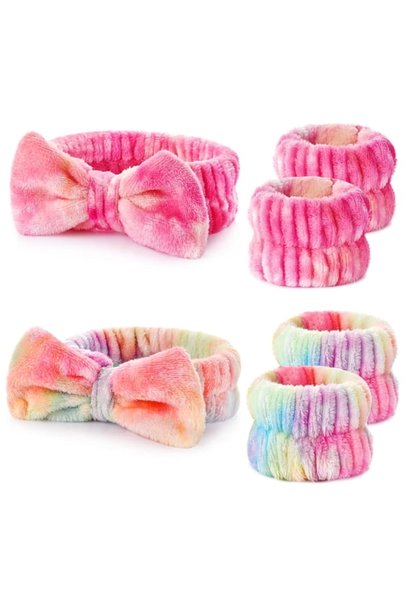 6PCS Spa Headband and Wristband Set for Face Washing, Soft Microfiber Skincare Hairband with Bow, Soft Absorbent Wrist Towels for Women Girls, For Makeup, Facial, Shower, Yoga