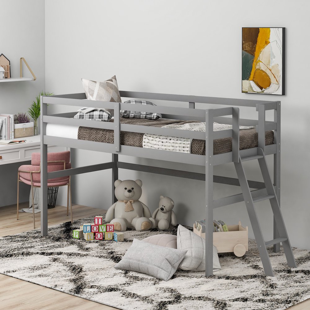 Euroco Wood Loft Bed with Incline Ladder, Twin Size Low Loft Bed, Gray