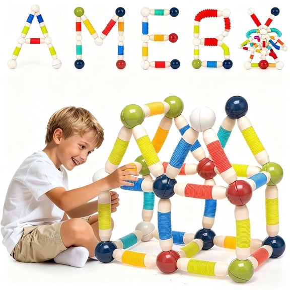 Toiyjofe 48-Piece Magnetic Building Set for Kids Ages 3–6, STEM Construction Toy with Flexible Tubes & Magnetic Balls
