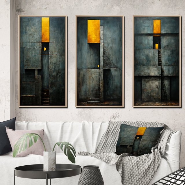 Designart "Vintage Wisdom Minimal Orange" Modern Geometric Framed Wall Art Set Of 3 - Gold Abstract Geometric Frame Gallery Wall Set For Home Decor