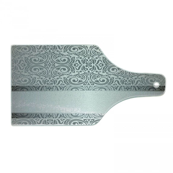 Damask Cutting Board, Baroque Damask Curves Rococo Style Motifs Floral Renaissance Revival Design, Decorative Tempered Glass Cutting and Serving Board, Wine Bottle Shape, Grey Pale Grey, by Ambesonne