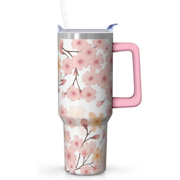 Sakura 40 oz Tumbler with Handle and Straw, Stainless Steel Insulated Travel Cup with Pink Cherry Blossom Floral Pattern