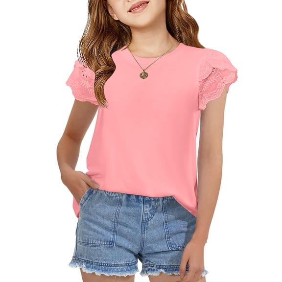 Arshiner Girls T Shirts Lace Petal Short Sleeves Kids Crewneck Casual Blouse Summer Tops Tees