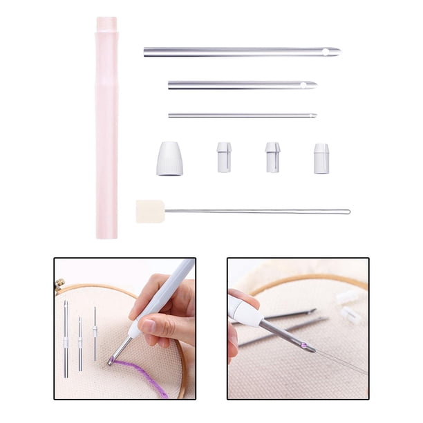 Juego de agujas de perforación, punzón de bordado, mango de , aguja de perforación de 5mm, 3,5mm, 2mm, hilo para alfombras, enhebrador de agujas, Rosa Macarena Costura artesanal de bricolaje