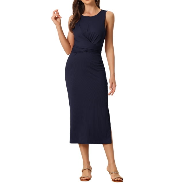 INSPIRE CHIC Robe Midi Sans Manches Décontractée pour Femmes, Taille Croisée, Bleu Marine, P