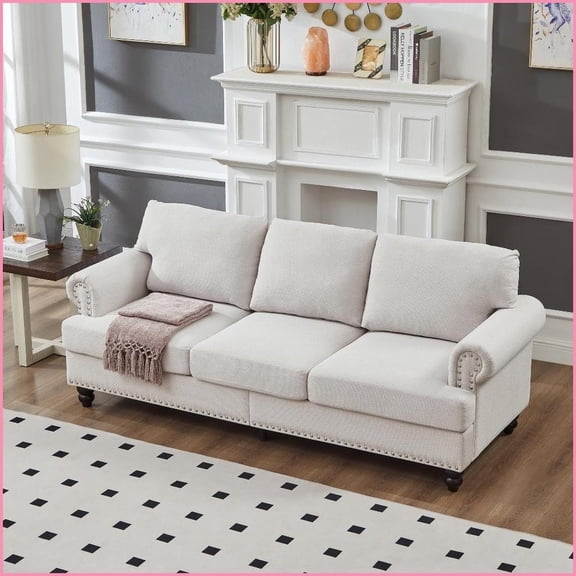 83” American Classic Three Seater Fabric Sofa with Storage & Removable Covers | Beige | Polyester | Round Arms