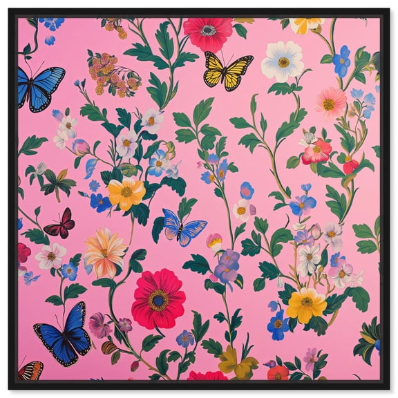 A Petals on Pink Velvet Canvas Chinoiserie Art by Art Remedy, Black Frame, 12" x 12"