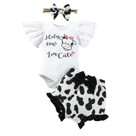 

Calsunbaby Newborn Girl 3Pcs Outfits Flying Sleeve Cow Letter Print Romper + Sweet Bowknot Ruffles Shorts + Hairband White 0-3 Months