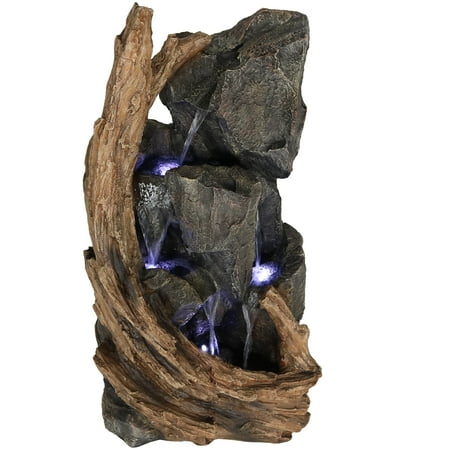 Sunnydaze 35 H Electric Polyresin Cascading Mountainside Outdoor Water Fountain with LED Lights