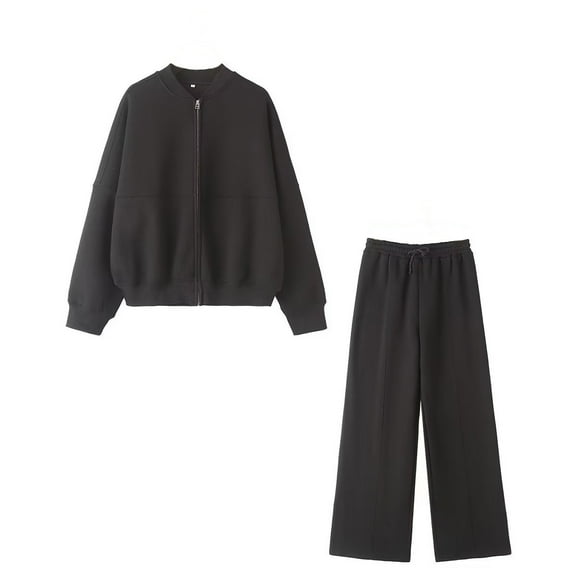 successthop 2 Piece Lounge Set Women Fleece Long Sleeve Crewneck Zip Sweatshirt and Sweatpant Solid Streetwear