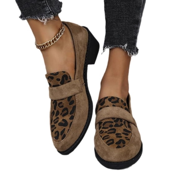 Women’s Leopard Print Suede Block Heel Flats, Low Chunky Heel Slip-On Dress Shoes