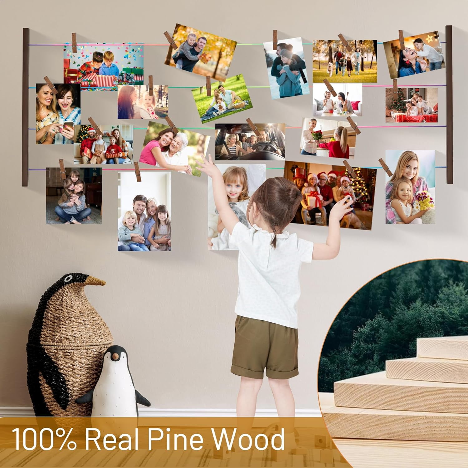 Photo Display Doard Picture Frames Collage Wall Decor Hanging Pictures with 30 Clips and Adjustable Elastic Cord Wood Rustic Holder for Multi Pictures, Artworks, Cards