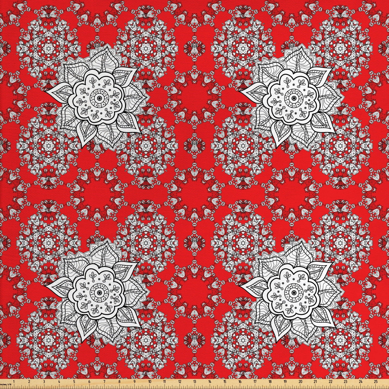 Red Mandala Fabric by The Yard, Design Pattern Doodles Mandala Style