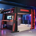 thumbnail image 3 of Harper & Bright Designs Queen Size Gaming Loft Bed with Desk & LED Lights, Queen Wood Loft Bed Frame with Two Storage Shelves, Black+Red, 3 of 15