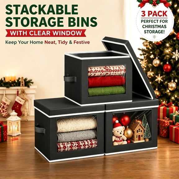 DIMJ 3PCS Fabric Storage Bins with Lids Collapsible Foldable, Clear Window Closet Storage Boxes for 22L Closet Organizers with Handles Closet Storage for Baskets for Shelves,Black