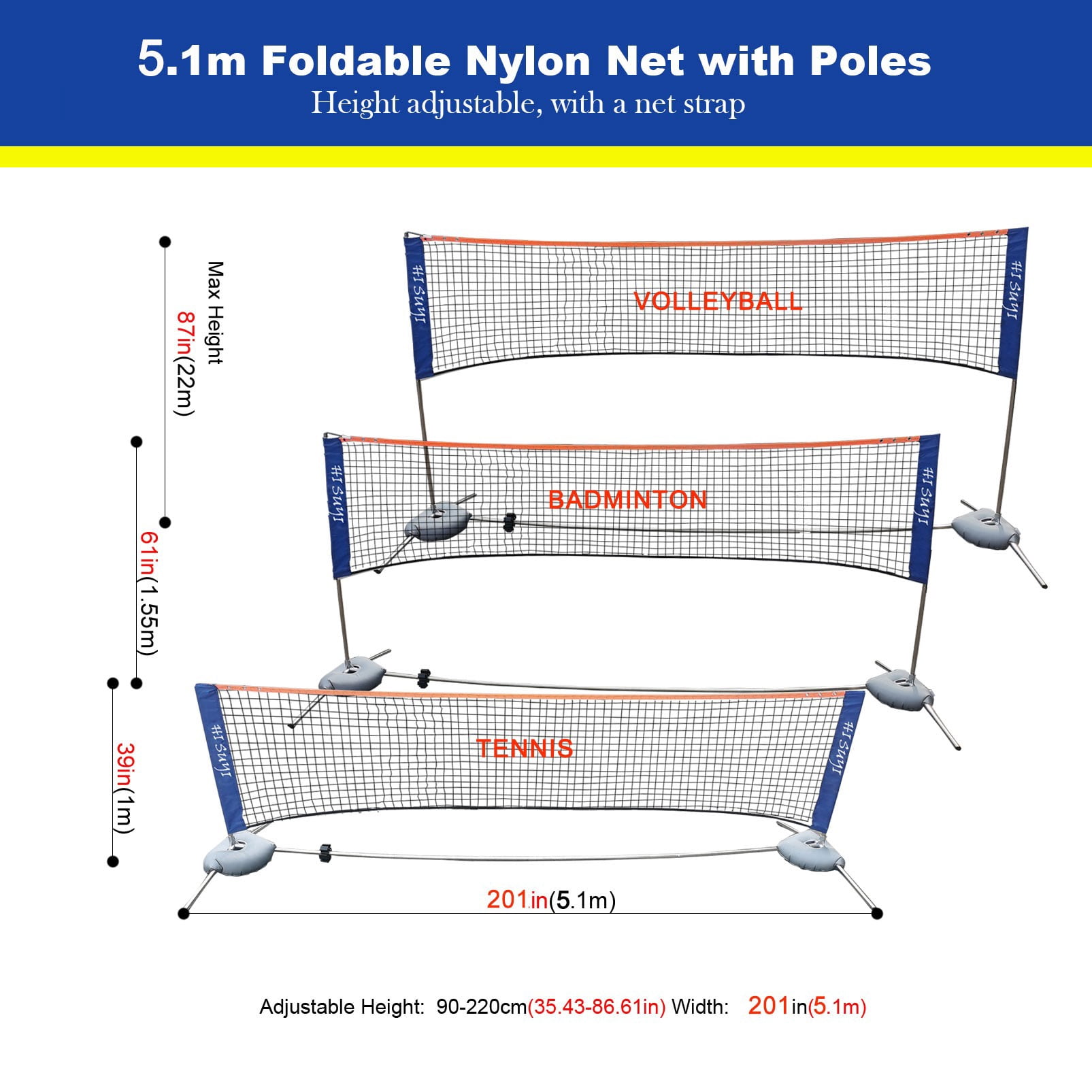5.1m/17ft Portable Height Adjustable Badminton Volleyball Tennis Net Set Multi-purpose Sports Equipment with Poles Stand and Carry Bag for Kids Adult Outdoor Exercise