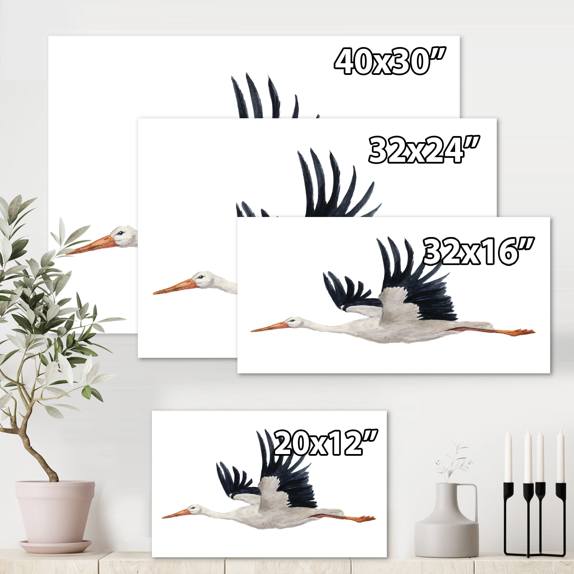 Designart ' White Stork Ciconia Flying Bird ' Traditional Canvas Wall Art Print