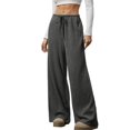 thumbnail image 3 of Women'S Wide Leg Ribbed Knit Pants Drawstring Waist Low Rise Casual Long Trousers Gray XL, 3 of 9