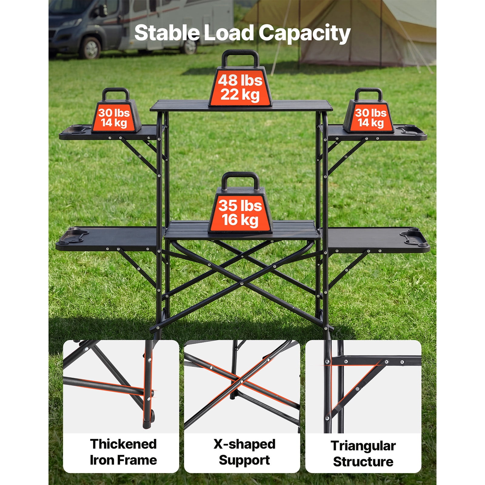 KFFKFF Portable Camping Kitchen Table, Foldable Cook Station with 4 Side Tables, Heat-Resistant Surface, and Carry Bag, Perfect for Outdoor Cooking, Picnics, BBQs, Camping, and RV Trips