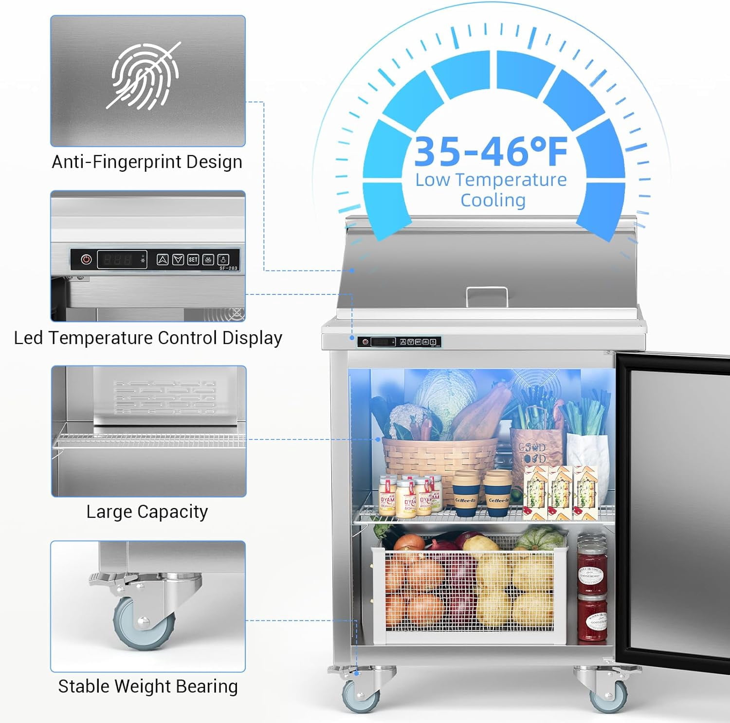 Senfot Stainless Steel Compact Commercial Refrigerator, Mini Fridge for Small Business Bar Cafe Kitchen Home Use 28"+8 plates
