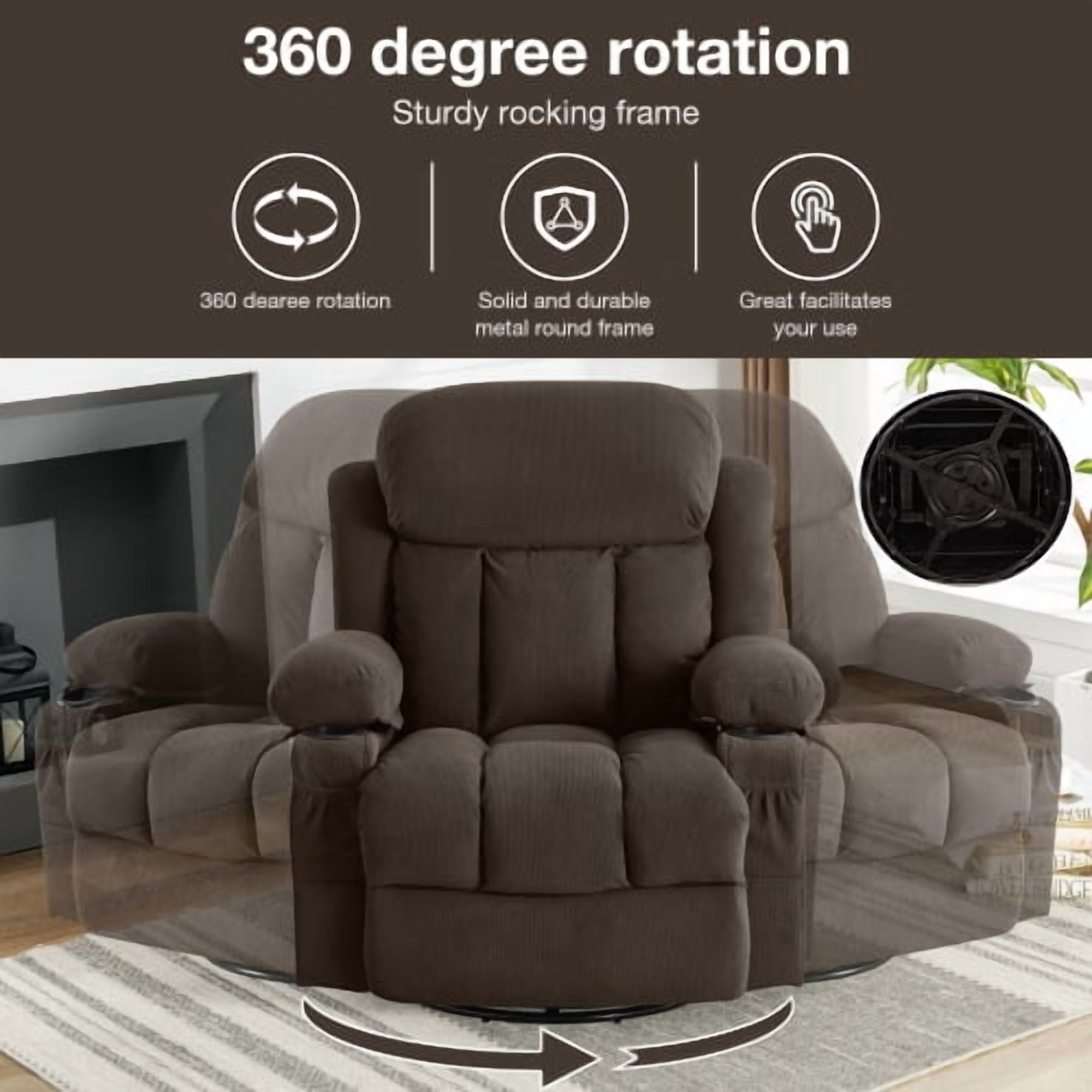 HSUNNS Swivel Recliner Chair for Adults, Living Room Velvet Recliner Chair with Massage and Heat, Single Sofa with USB Port, Cup Holder, Side and Front Pocket, Brown