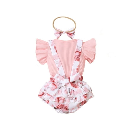 

Newborn Infant Baby Girl Summer Clothes Ribbed Ruffle Shirts + Suspender Bloomers Shorts Outfit with Headband Outfits