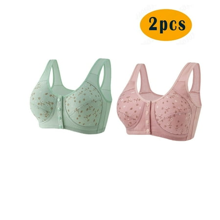 GERsome Women s PACK of 2 Front-Close Bra Underwire Underwear Comfort T-shirt Bra Convenient Snap Sleep Bra for Women Plus Size Full Coverage Bra 2pcs#Green/Pink L