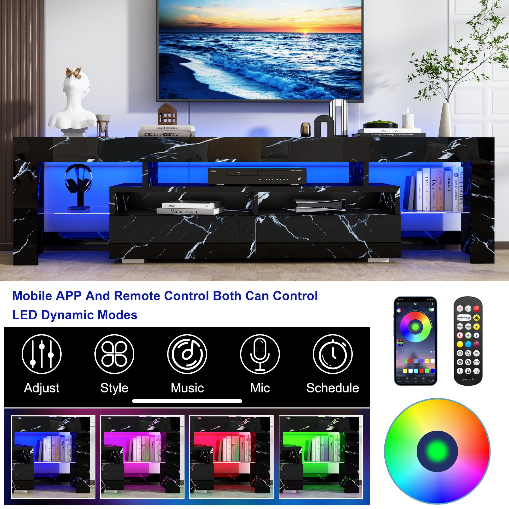 ChVans LED TV Stand for 65/75/85 inch TV, High Glossy Modern Entertainment Center with Drawer and LED Lights