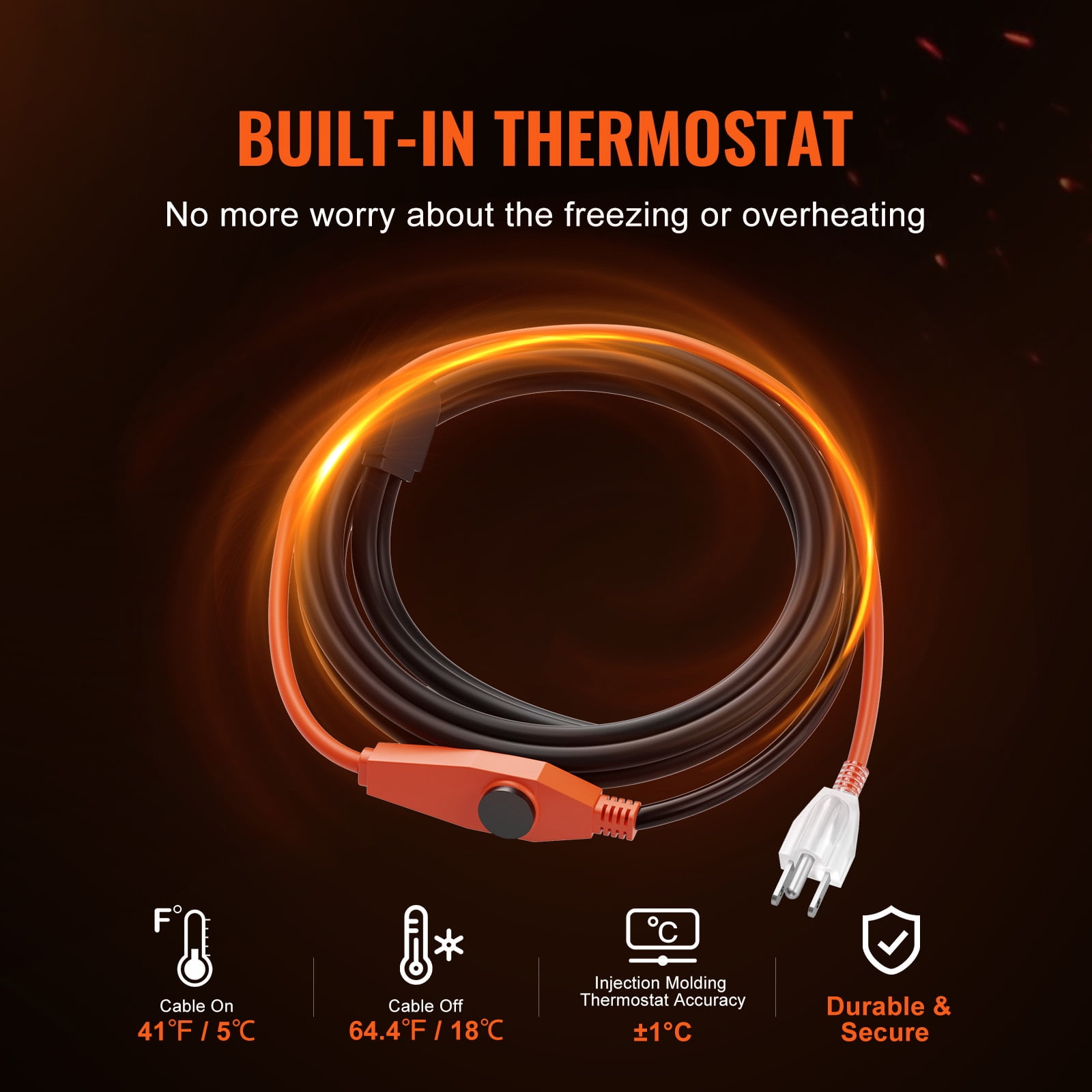 KFFKFF Pipe Warming Cord, 6FT 7W/FT Heating Strip for Tubes with Integrated Temperature Control, Water Pipe Warming Wire Safeguards PVC Tubing, Metallic and Synthetic Tubes from Cold Conditions