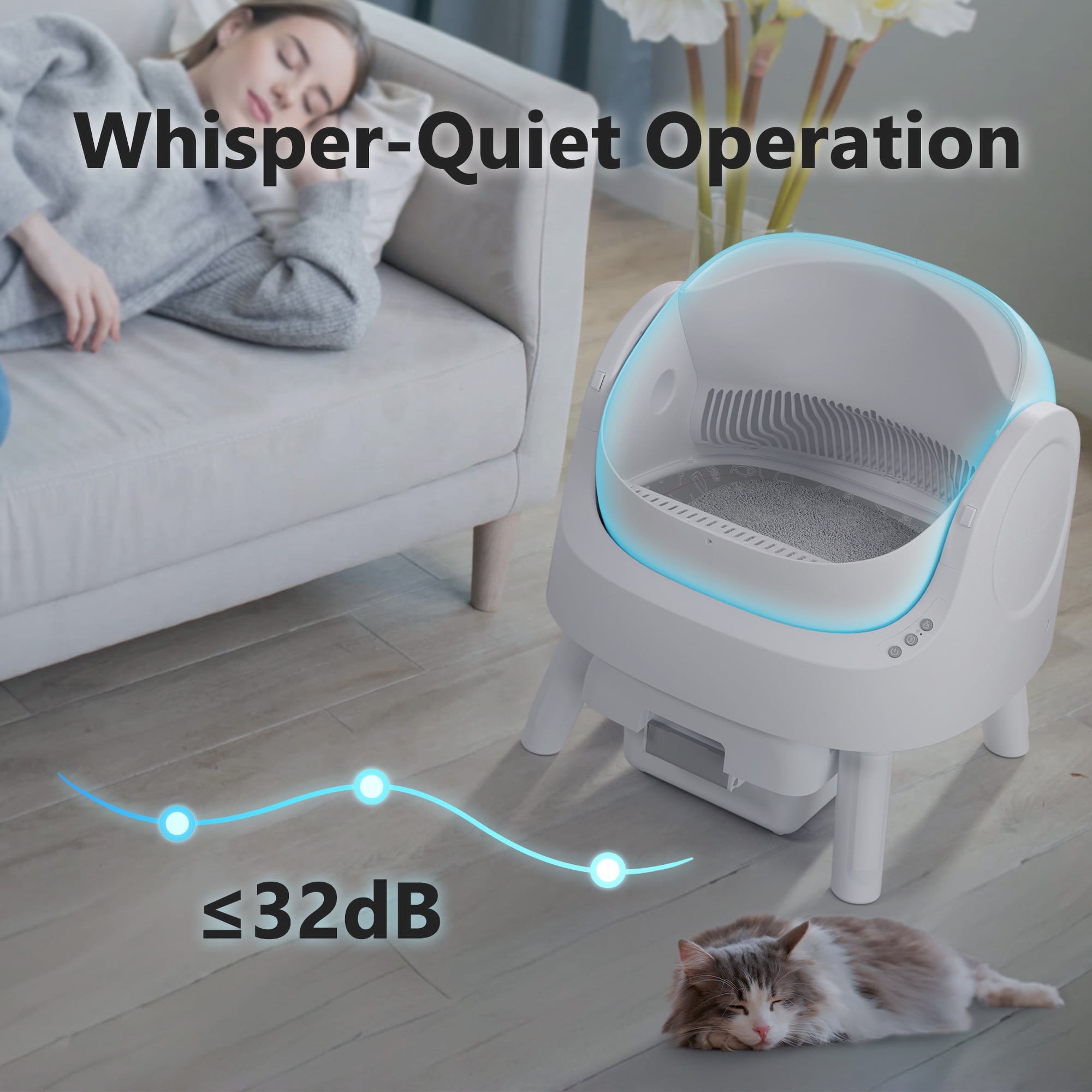PetPivot Automatic Cat Litter Box Self-Cleaning with Safety Protection, Mat and Trash Bags Included, White