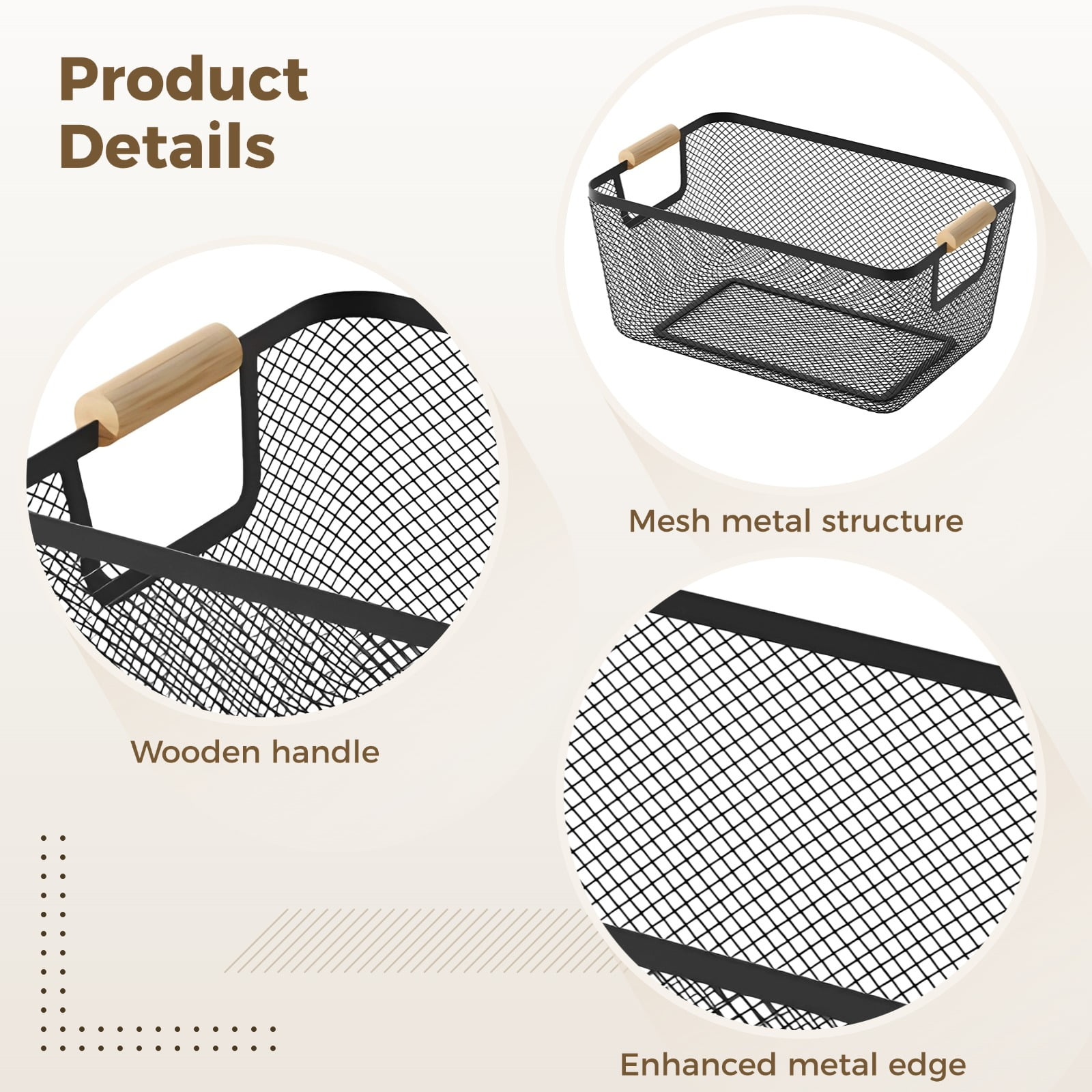 4 Pack Metal Mesh Wire Storage Baskets – Small Black Desktop Bin Set, Dual Bamboo Handles, Rust-Resistant Iron, Stackable for Kitchen, Home Office & Pantry Organization