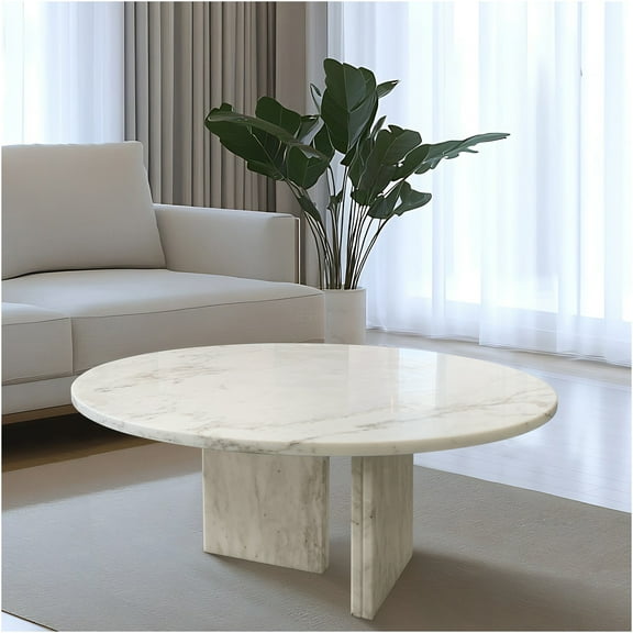 JERFIT 70cm Round Marble Coffee Table with Metal Base, White Natural Stone Modern Accent Table for Living Room
