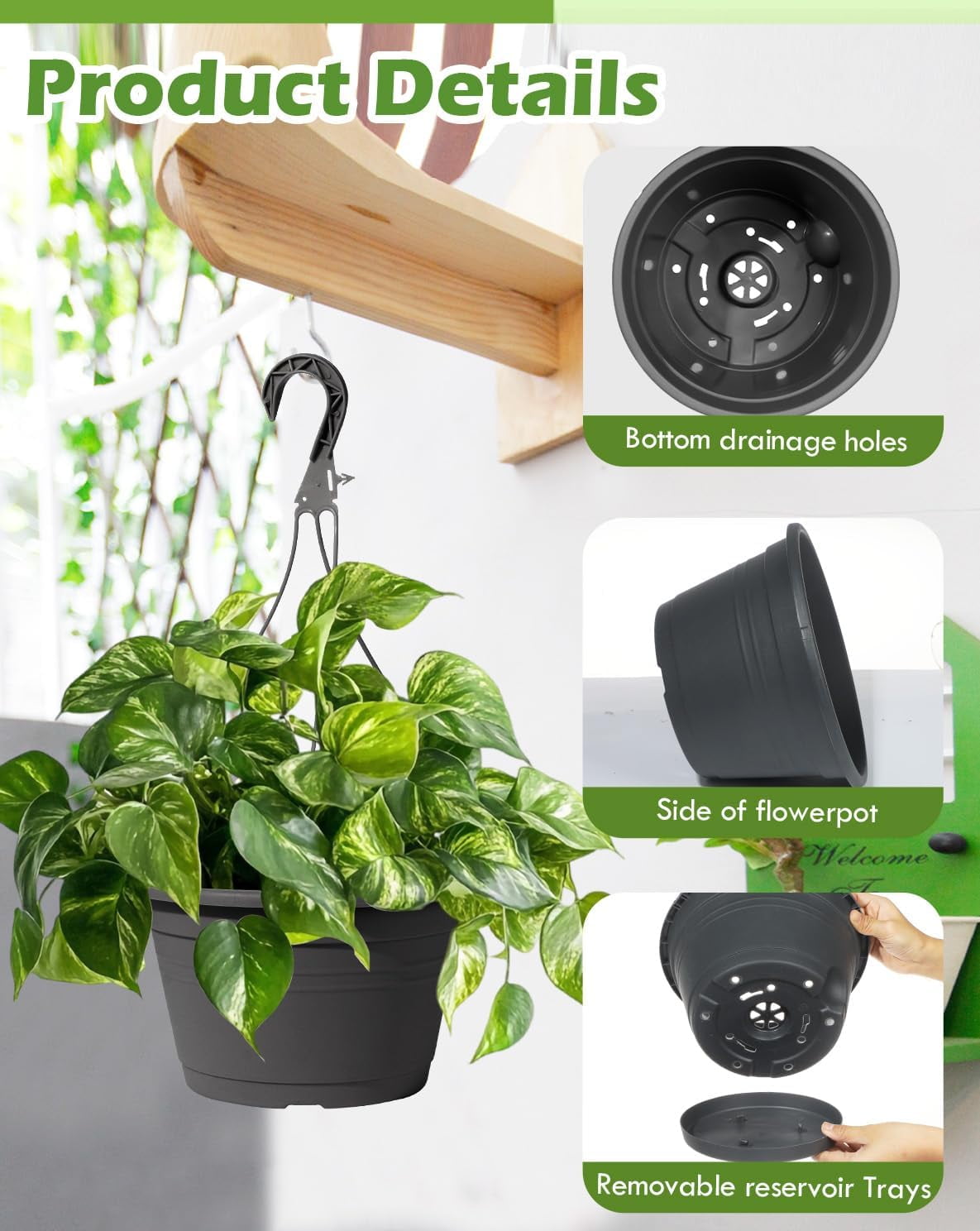 FENLEI 4-Pack Plastic Hanging Planters with Drain Trays and Hooks, Indoor Outdoor Flower Pots for Garden, Balcony & Patio Ornament