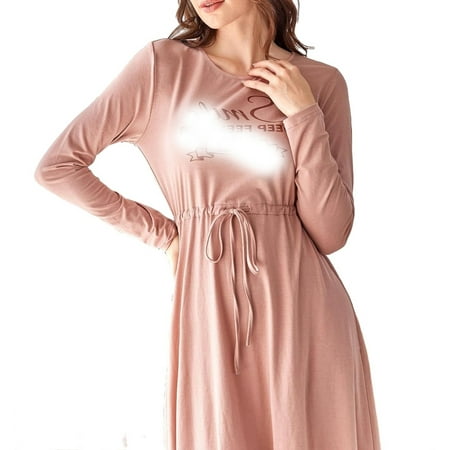 

Casual Slogan Round Neck Sleepshirts Dusty Pink Long Sleeve Women Nightgowns & Sleepshirts L