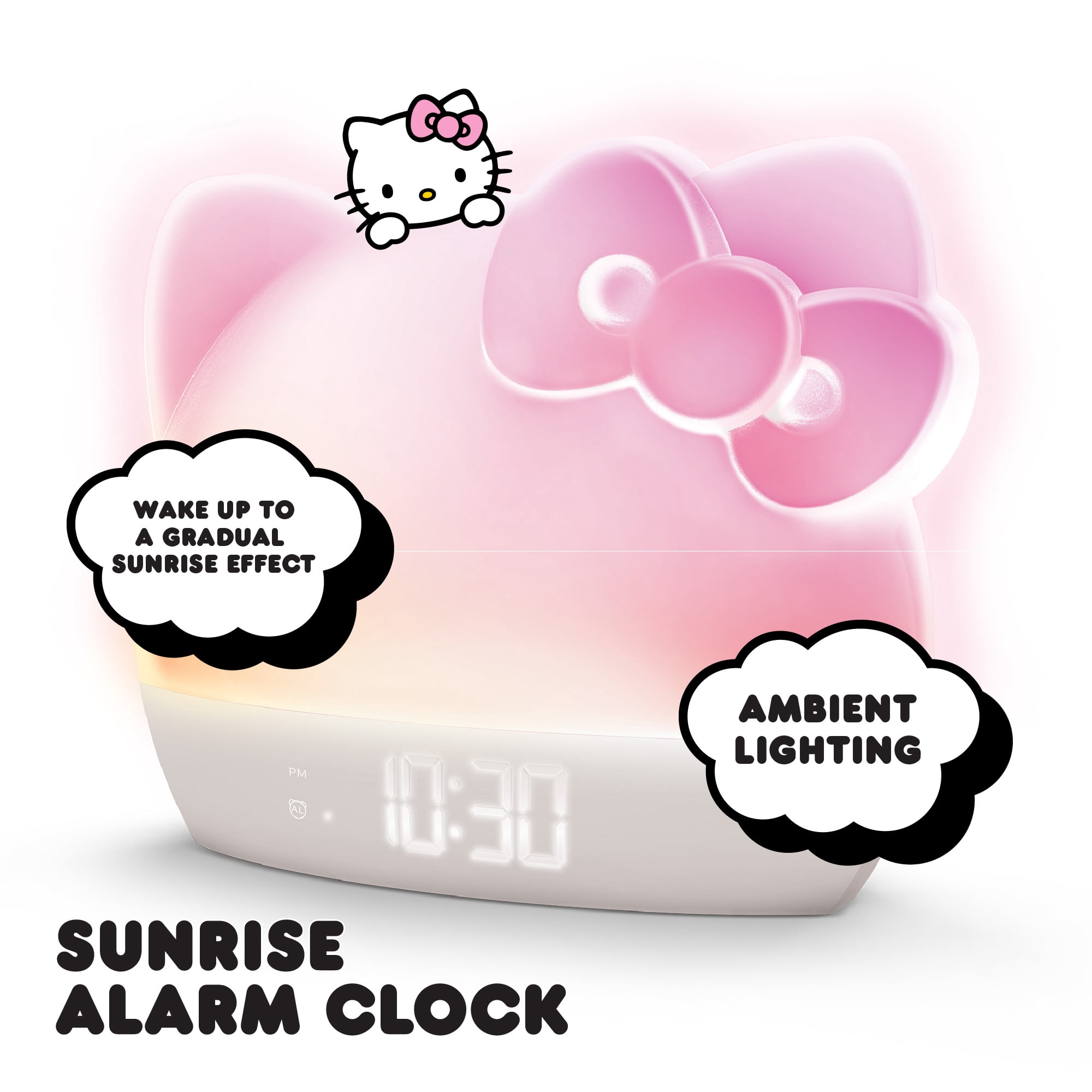 Hello Kitty Sunrise Alarm Clock with Wake-Up Light, RGB Color-Changing Night Light & Ambient Lamp, LED Time/Date/Temperature Display, USB Powered with Device Charging Port (White)