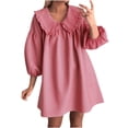 thumbnail image 2 of YHAJDS Womens Short Sleeve Dresses 3/4 Puff Sleeve Checkered Collar Mini Collar Flowy Dress, 2 of 5