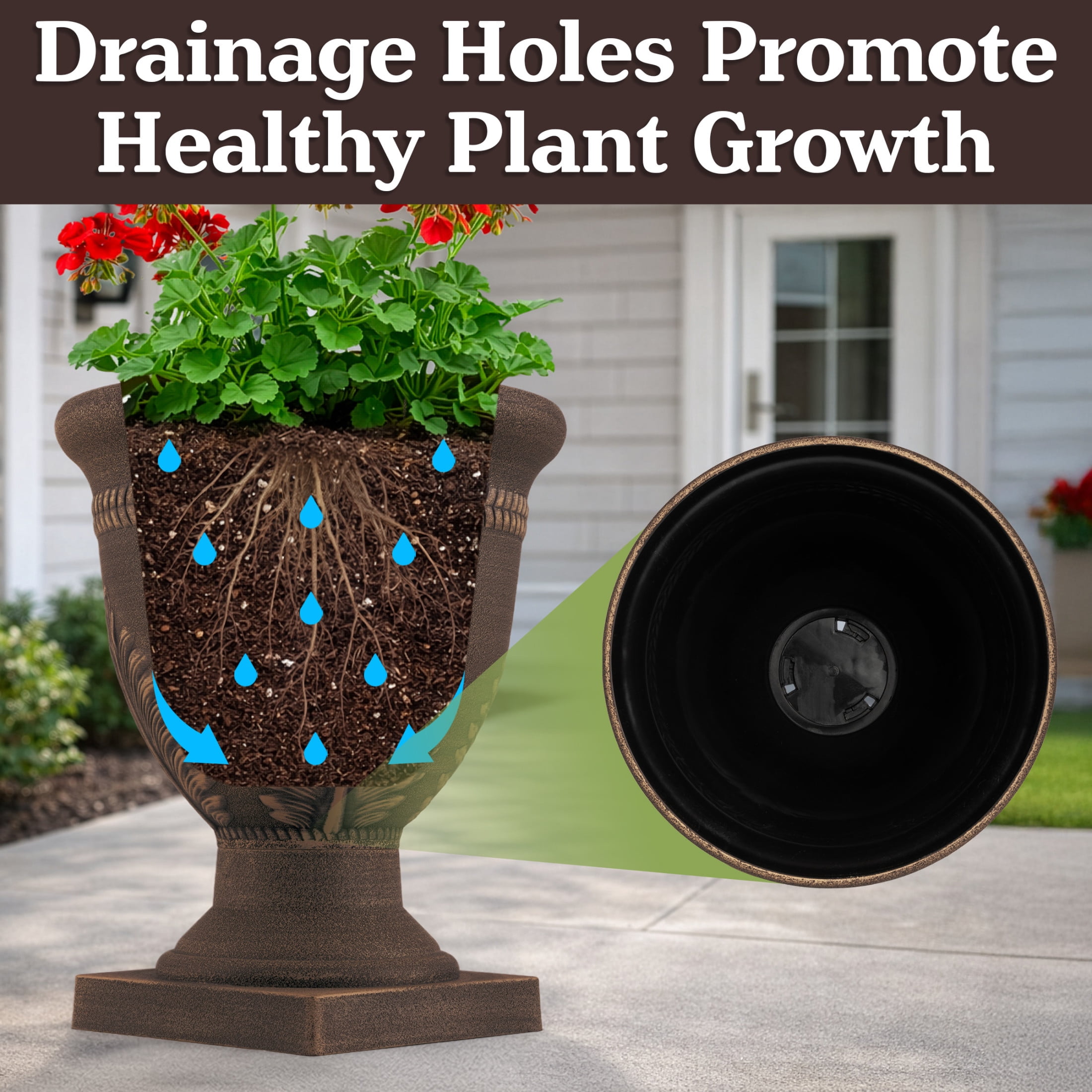 Pure Garden Outdoor Planter 2-Pack - 15.25x18.8in Large Plastic Urn Planters with Drainage, Bronze