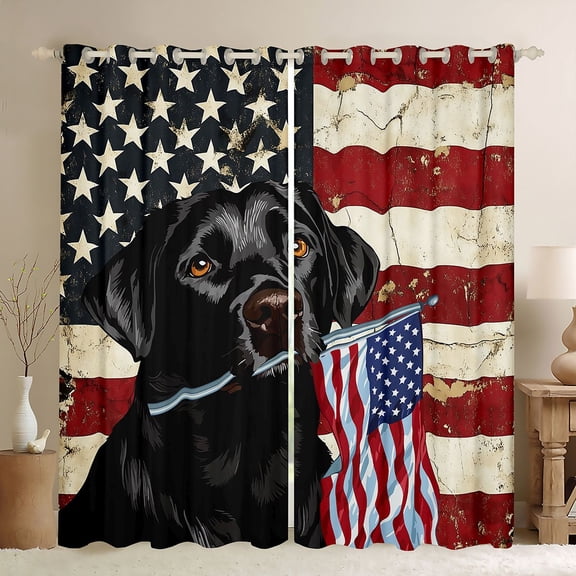 Manfei Retro Dog Kitchen Curtains, American Flag Black Out Curtains Pack of 2 (42x63 Each), Black Red White Blue