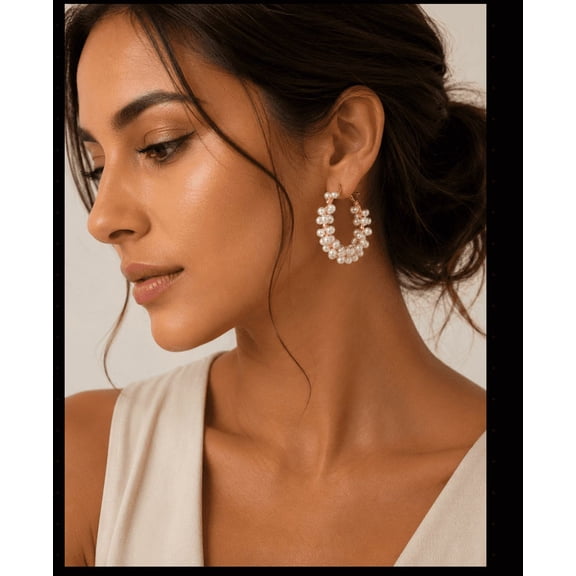 Tazza 1.5 Inches Gold-Plated Cream Faux Pearl Wrapped Hoop Earrings for Women | Warm Elegant Chic Bridal Fashion Jewelry Gift for the Love One's