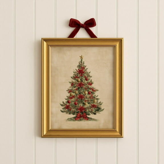 Vintage Christmas Tree Wall Art | Neutral Winter Holiday Decor | Rustic Farmhouse Print, 24x36 UNFRAMED