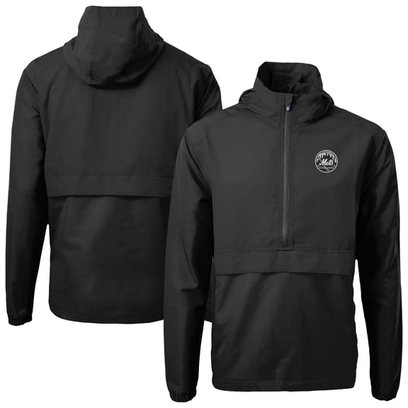 Men's Cutter & Buck Black New York Mets Charter Eco Recycled Anorak Half-Zip Hoodie Jacket