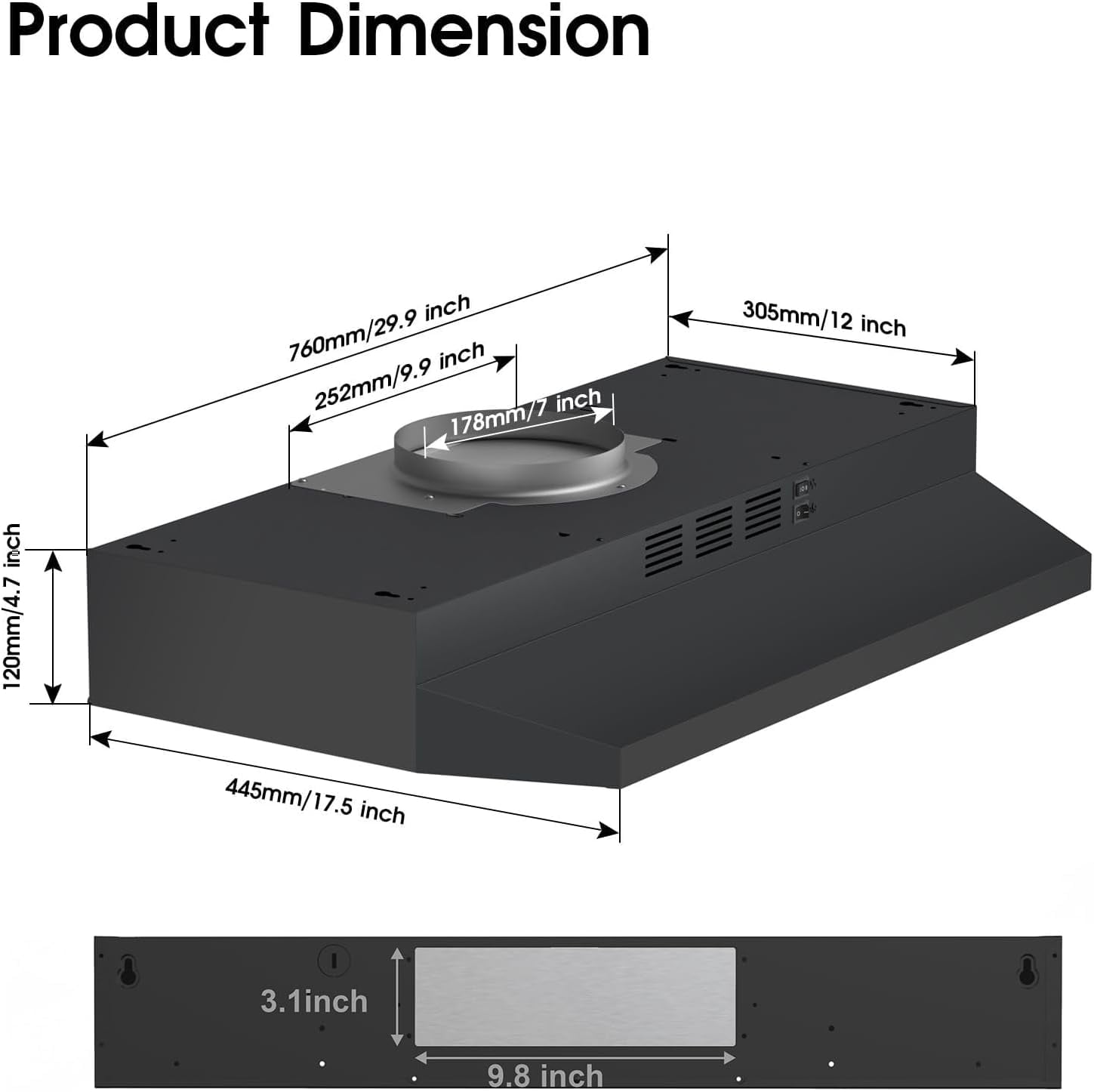 30 inch Range Hood Under Cabinet, Stainless Steel Kitchen Vent Hood 280CFM, Built-in Kitchen Stove Hood w/Rocker Button Control, Ducted/Ductless Convertible Duct, 2 Speeds Fan, Bright LED Light