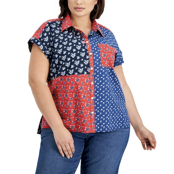 Style & Co. Womens Point Collar Printed Cotton Camp Shirt Plus Size 1X Americana Ditsy 1X