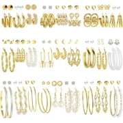 POFO 54 Pairs Gold Hoop Earrings Set For Women Multipack, Boho Fashion Statement Stud Hoop Earrings Pack With Pearl Butterfly Shaped Assorted Small Big Hoop Earrings Jewelry For Gift[z2883]