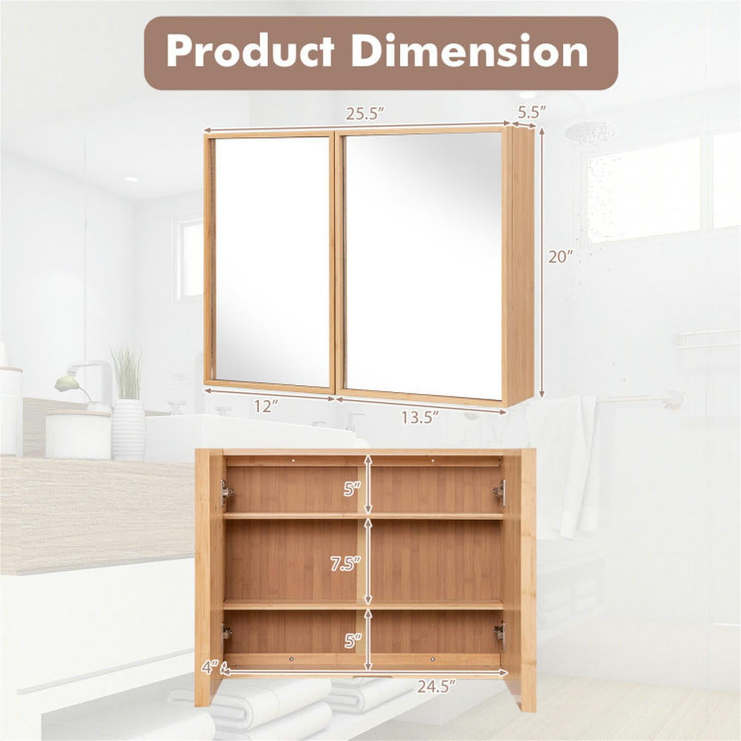 Demi Bonn Bamboo Bathroom Medicine Cabinet with Mirror, Wall Mounted Double Mirror Door Storage Cabinet with Adjustable Shelf for Bathroom Living Room Hallway, Beige