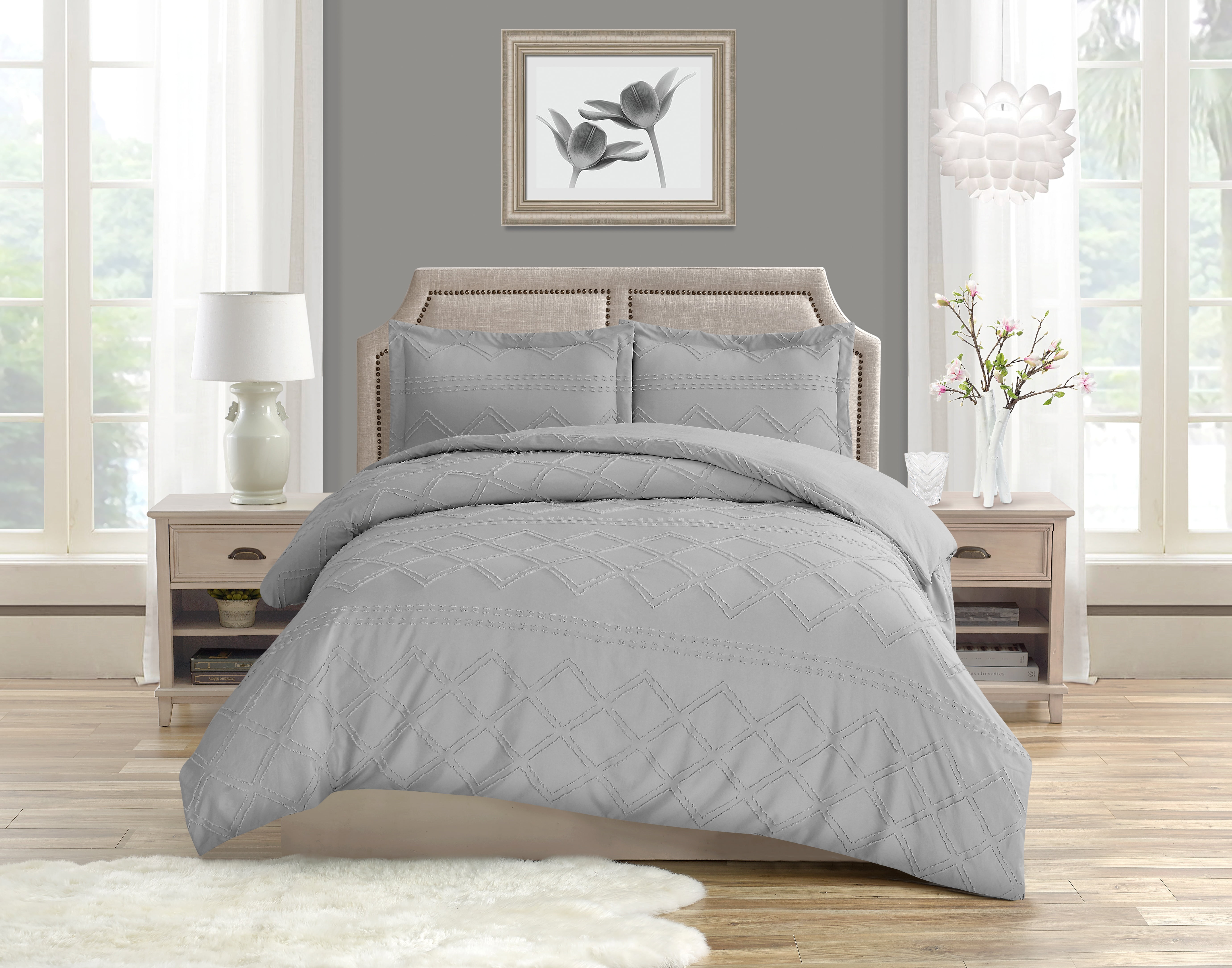 Swift Home Diamond Textured Soft Touch Duvet Cover Set, All Season Bedding with Zipper Closure, Includes Pillow Shams, Twin, Light Gray