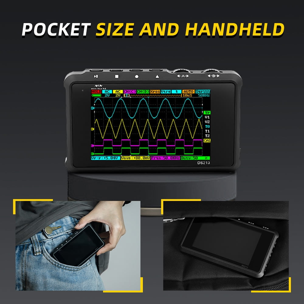 Handheld Oscilloscope DS213, Portable Oscilloscope Mini Size Handheld, Built-in Rechargeable Battery, 4 Channels, 15Mhz Bandwidth, Entry Level Oscilloscope for Beginner