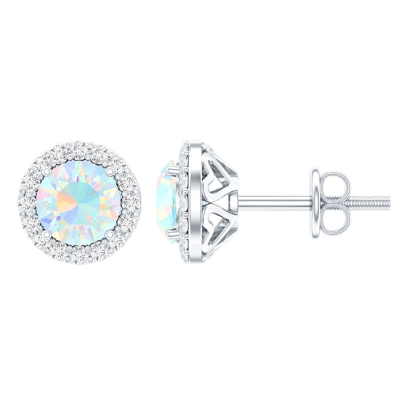Rosec Jewels Round Shape Ethiopian Opal Stud Earrings with Moissanite Halo (AAA Quality), 925 Sterling Silver