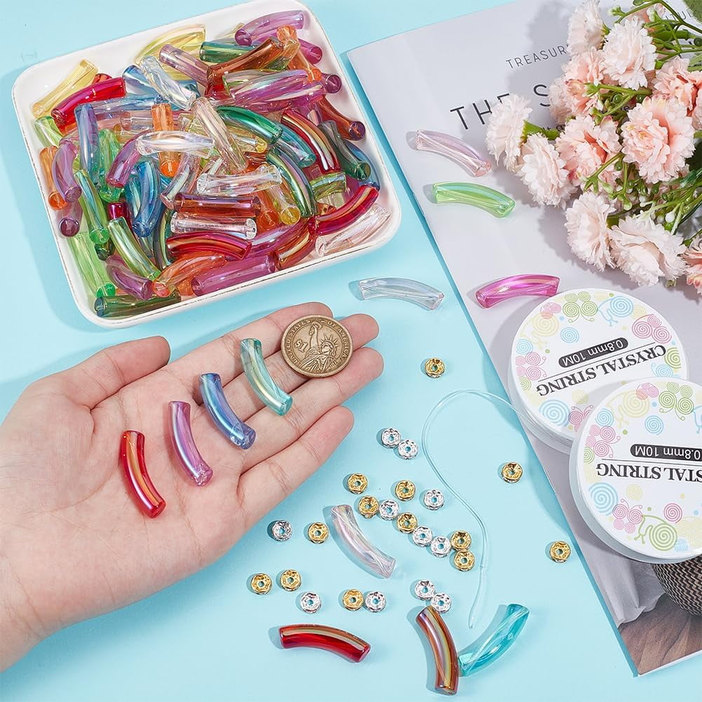 DIY Acrylic Tube & Brass Rhinestone Beads Jewelry Making Kits Mixed Color Beads: 8~33x8~10x3.5~8mm Hole: 1.6~2mm 240pcs
